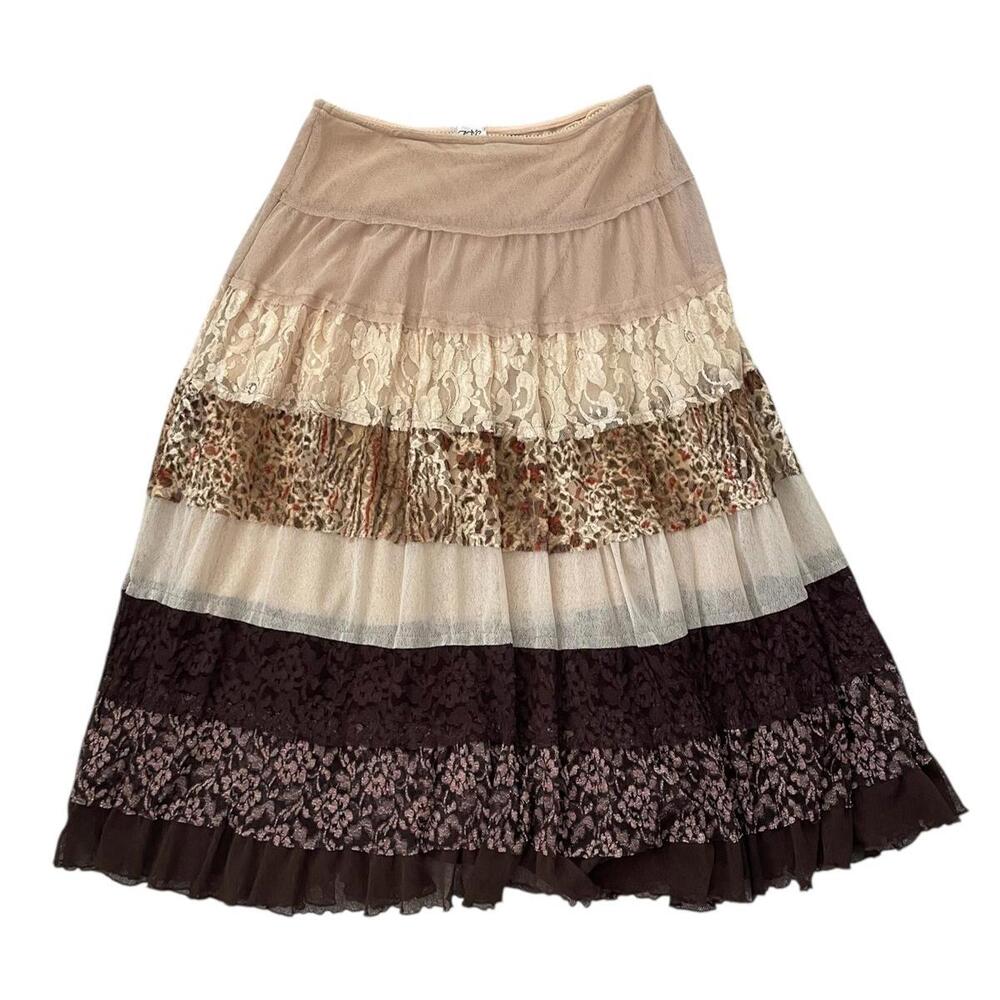 Y2K Cache Tiered Midi Skirt Boho Mesh Lace Bohemian Tan Brown Women's Size Small
